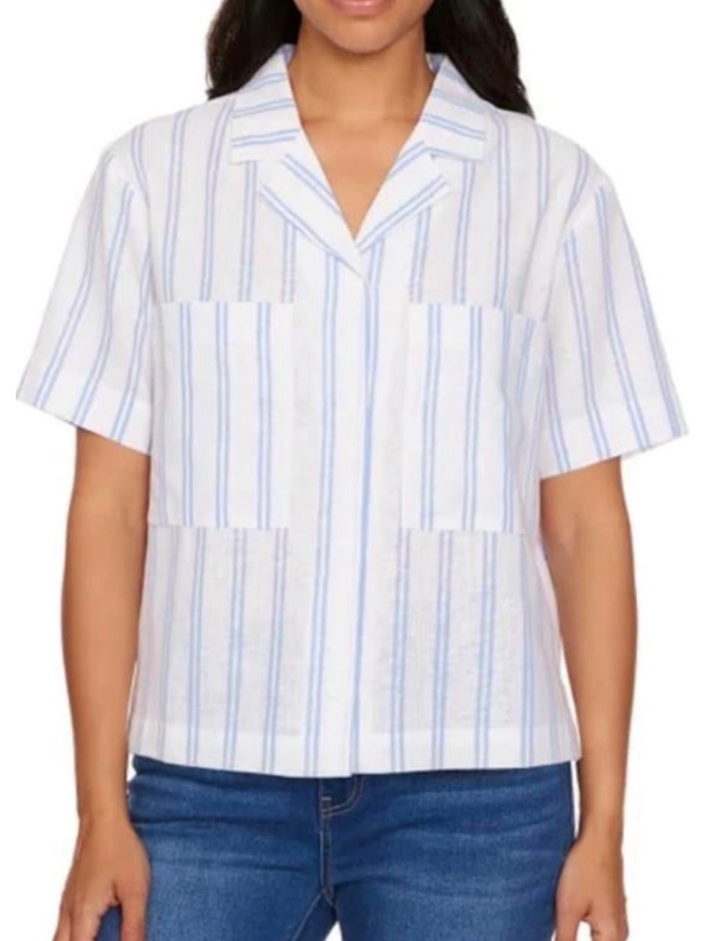 Buffalo David Bitton White and Light Blue Striped Short Sleeve Shirt